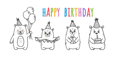 Set of cute cartoon bears with birthday decoration. Teddy bear with balloons, cake, gift. Animal in doodle style for greeting card, happy birthday. Vector illustration