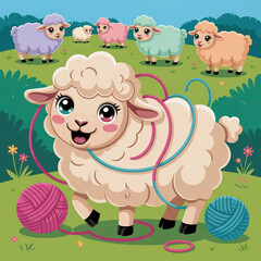 Cute Whimsical Sheep Playing with yarn Vector Illustration