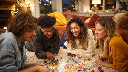 Cozy living room diverse friends board game happy evening warm light casual laughter carpet holiday vibe. Cozy living room with diverse friends playing board game, sharing laughter soft carpet