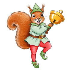 Whimsical Squirrel Dressed As An Elf Ringing A Bell With Joyful Spirit