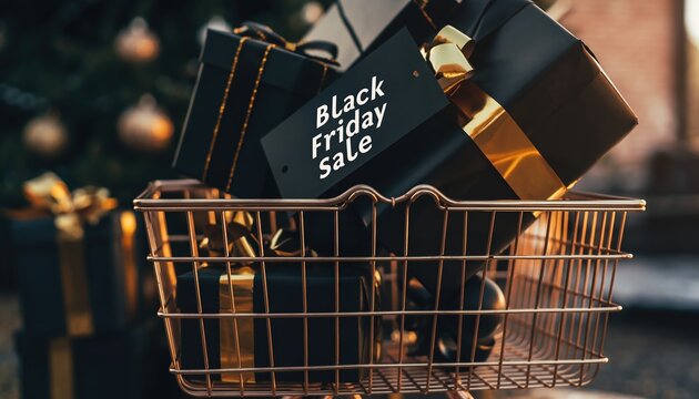 A festive basket filled with gifts labeled for a Black Friday Sale, set against a holiday backdrop.