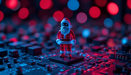 Black Santa Claus Figure Standing on a CPU Chip on a Circuit Board, Illuminated by Futuristic Red and Blue Neon Lights, Digital Christmas Concept for Tech Industry Banner, AI, or Science Advertisement
