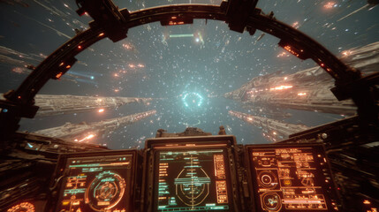 Spaceship cockpit approaching futuristic space station