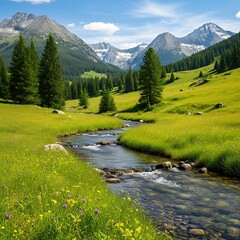 A serene alpine stream flows through a vibrant green meadow, creating a beautiful landscape aesthetic background