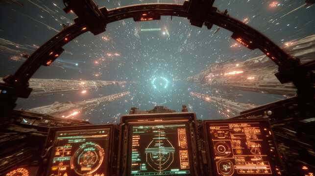 Spaceship cockpit approaching futuristic space station