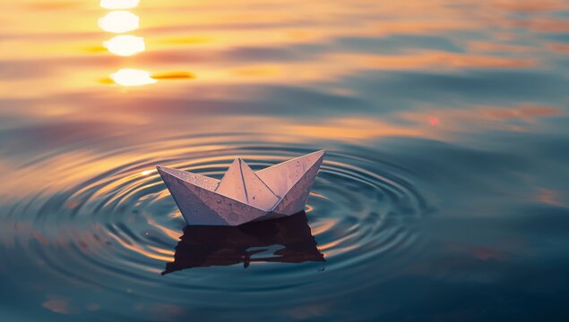 Paper Boat Floating on Water with Golden Sunset Reflections, Calm and Dreamlike.