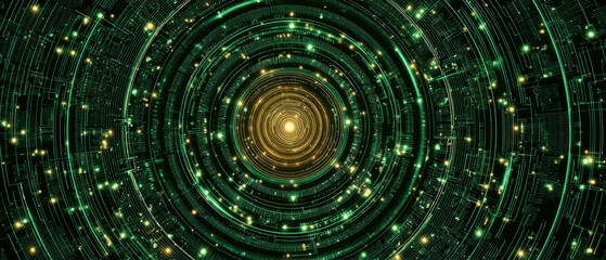 Futuristic glowing circuit rings with golden core