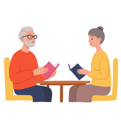 Fototapeta premium Elderly man and woman reading books at small table in cozy setting 