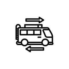 Black outline of a van with arrows indicating motion suitable for transportationthemed designs, logos, and advertisements with a dynamic feel.