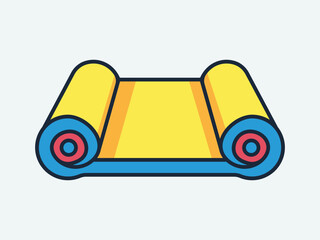 Bright yellow yoga mat rolled up with blue edges and red centers peaceful exercise tool