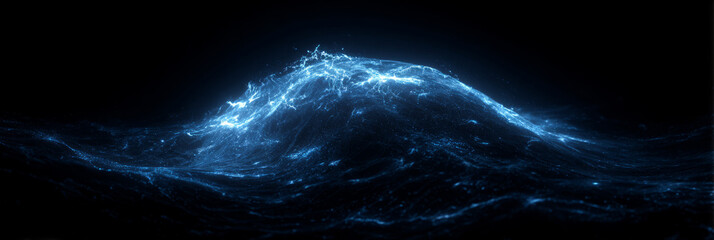 Futuristic blue ocean wave formed from glowing digital particles and lines, symbolizing technology, energy, and data flow motion.