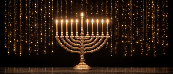 Hanukkah Menorah with Glowing Candles and Warm Bokeh Lights