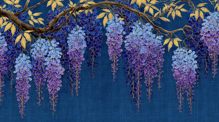 Golden Leaves and Purple Wisteria on Blue Background
