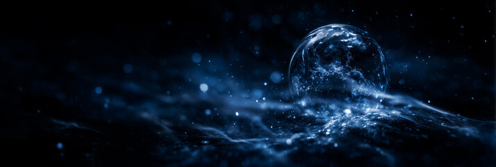 Transparent water sphere suspended in mid-air with droplets and splashes, captured in a dark atmospheric