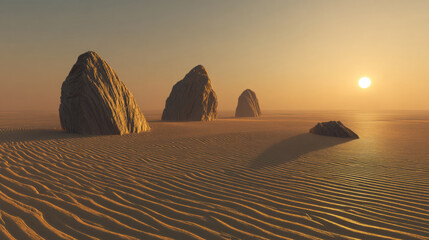 Vast desert mountains at sunset with soft shadows