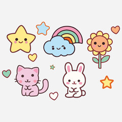 Naklejka premium A collection of cute baby funny cartoon animals character icons, including a cat, dog, pig, rabbit, bear, cow, fox, and mouse head vector illustration set