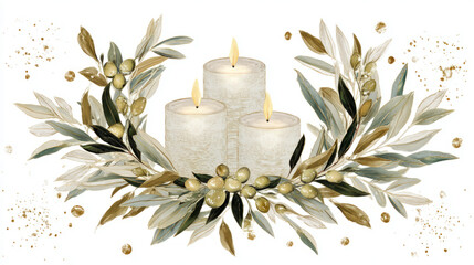golden candles, softly glowing among lush olive branches and golden berries.