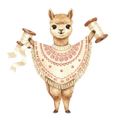 Charming Alpaca With Spools Of Thread And Knitted Poncho