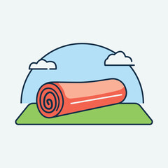 Rolled up orange yoga mat on green grass under a blue sky with clouds