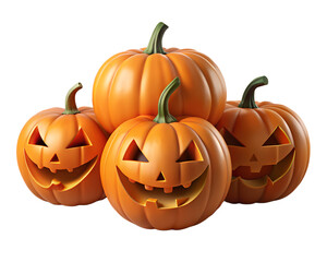 Group of carved halloween pumpkins isolated on transparent background, with spooky faces, ready for trick or treat