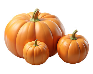 Obraz premium Three pumpkins of different sizes isolated on transparent background, perfect for autumn harvest and halloween decoration