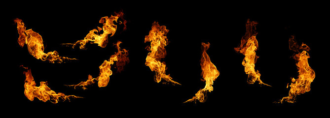 Realistic fire flames isolated on black background, symbolizing heat, energy, danger, and power. Perfect for design, advertising, motion graphics, or visual effects requiring burning flame textures.