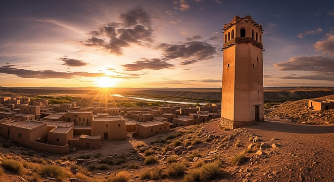 Desert town at sunset, tall tower over tan homes, bright sky - Powered by Adobe