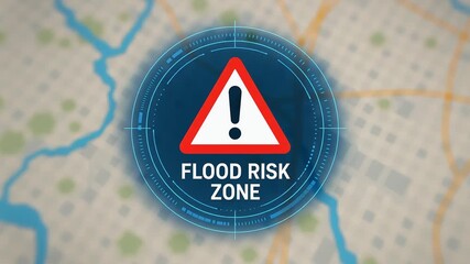 Flood risk zone warning on city map background representing natural disaster danger alert heavy rainfall emergency management and environmental hazard prevention concept - Powered by Adobe