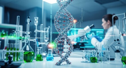 A DNA molecule model in a laboratory setting with a scientist in the background.