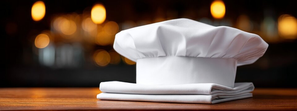 A clean chef uniform and hat are neatly folded atop a wooden table, showcasing a calm and organized kitchen space. Warm lights create a cozy ambiance, perfect for culinary creations