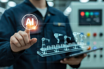 Close up of engineer hand interacting with digital interface displaying AI technology and robotic arms in manufacturing setting, showcasing innovation and automation