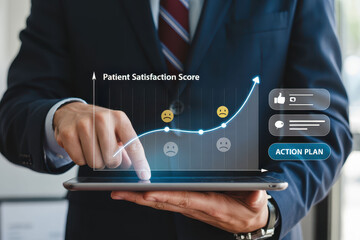 Close up of male executive hand interacting with tablet displaying graph of patient satisfaction scores, indicating progress and action plan. image conveys professionalism and data analysis