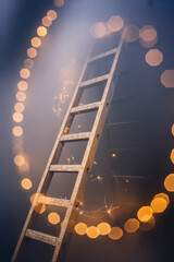 Photograph of weathered wooden ladder surrounded by soft, glowing lights creating dreamy atmosphere. warm bokeh effect adds magical touch to scene