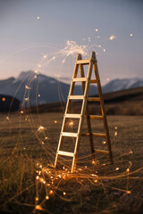 Golden ladder surrounded by glowing sparks in serene landscape, with mountains in background. scene evokes sense of wonder and magic, illuminated by twinkling lights