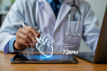 Doctor uses tablet to monitor heart rate, displaying digital heart graphic and vital signs. scene conveys sense of modern healthcare technology and patient care