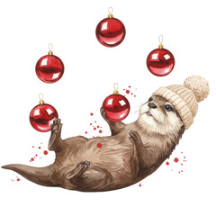 Adorable Otter Character Juggling Festive Ornaments With A Cozy Hat