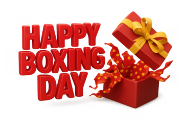 Happy boxing day text with opening gift box showing polka dot ribbon, transparent background