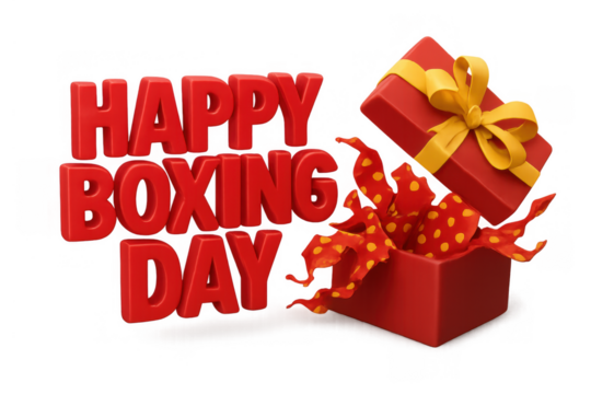 Happy boxing day text with opening gift box showing polka dot ribbon, transparent background