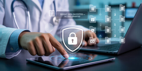 Digital security is crucial in healthcare, showcasing doctor hand interacting with tablet, emphasizing patient data encryption and access control