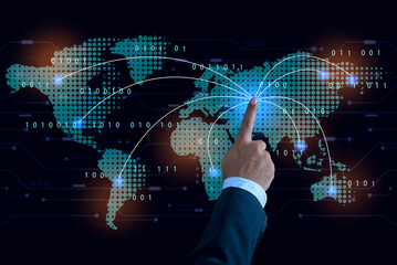 Businessman touch point of city connection line in world map. Data analysis control panel on virtual screen. Business plan, communicate, technology, global network, internet online.