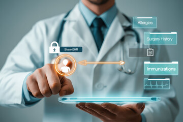 Male doctor interacts with digital tablet, showcasing electronic health records. image highlights features like allergies, surgery history, and immunizations, emphasizing modern healthcare