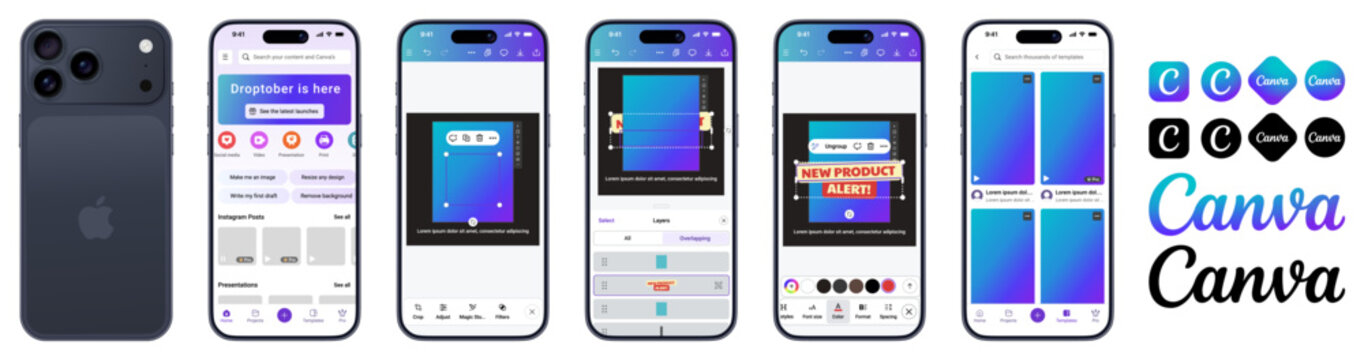 Canva mobile UI mockup in iphone 17 pro max . design, edit, and create with Canva. Canva Visual content creation app for templates, social media, and presentations. Canva logo set