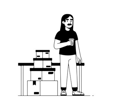 Man with mustache holding coffee standing among boxes and papers, minimalist black and white vector art about routine and work.Homem com bigode segurando caf&eacute; em p&eacute; entre caixas e pap&eacute;is, ilustra&ccedil;&atilde;o