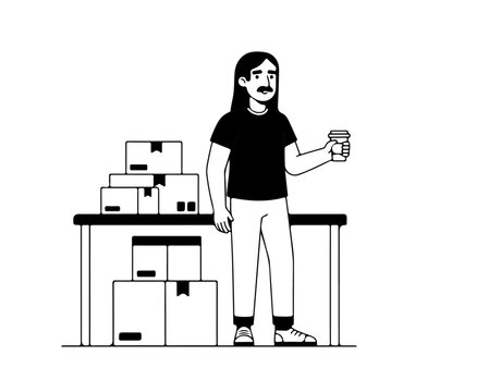 Man with mustache holding coffee standing among boxes and papers, minimalist black and white vector art about routine and work.Homem com bigode segurando caf&eacute; em p&eacute; entre caixas e pap&eacute;is, ilustra&ccedil;&atilde;o