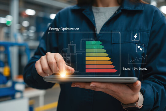 Energy optimization is crucial in modern industries, showcasing female manager using tablet to monitor energy efficiency. digital display highlights energy savings and performance metrics