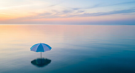 夕暮れの海と浮かぶ傘