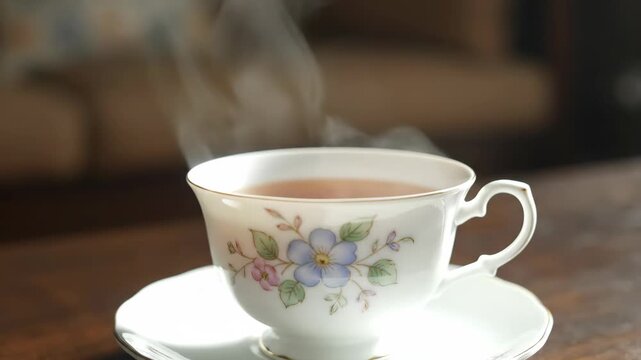Steaming hot floral patterned porcelain tea cups with saucers in cozy setting
