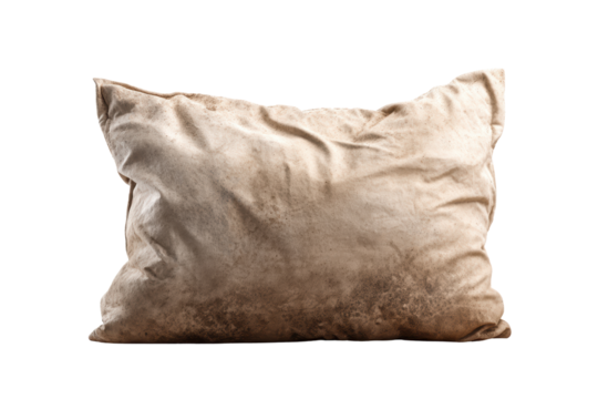 A pillow with a worn out look on it. The pillow is white and has a brownish color