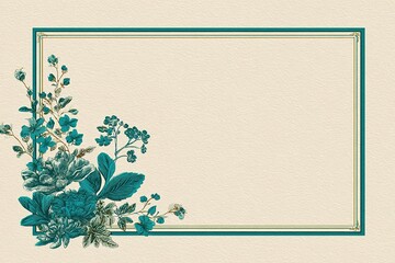 Teal flowers arranged in the corner with double border on beige paper creates a lovely frame