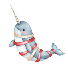 Whimsical Watercolor Narwhal Adorned With Festive Ribbons And Holly